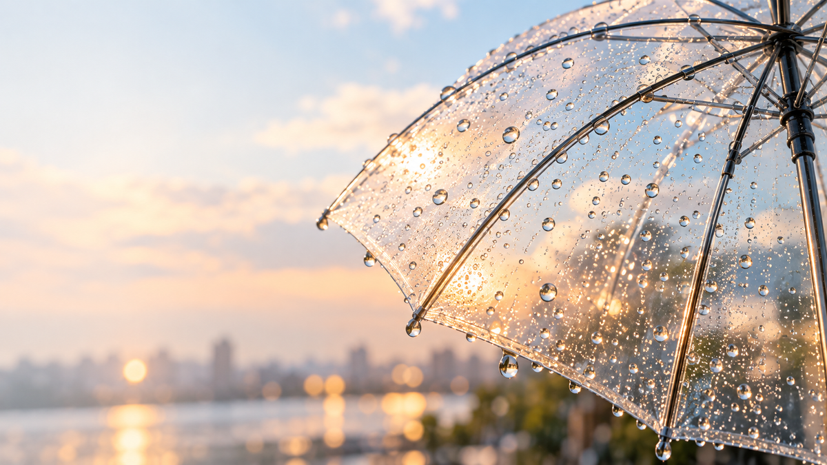 Rain droplets glowing on a clear umbrella canopy