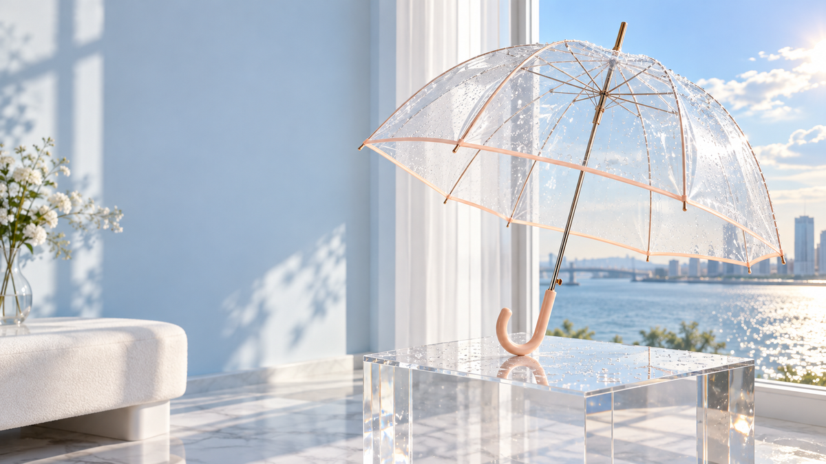 Clear umbrella in a bright sunlit sky-blue interior